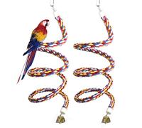 2PCSx 79inch(200cm) Bird Spiral Rope with Golden Bell Perches Birdcage Swing Toys 100% Cotton Natural Bird Perch Peck/Chewing Climbing Standing Bungee Parrot Toys for Regular to Large Size Parrot