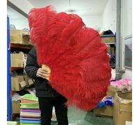 2Piece Peach Pink Ostrich Feathers Fans Foldable Hand Held Decor Plumes Fan Performance Fans Party Props Stage Show Props 130CM-Red-130CM 1PCS Left