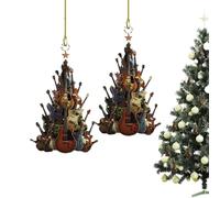 2pieces Around The Guitar Christmas Tree Ornament, 2D Flat Stacking Rock Guitar Christmas Tree Ornaments, Wood Musical Instrument Pendant Decoration, For Festival Trees, Backpack, Car