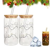 2Pieces Color Changing Christmas Cup, Colour Changing Christmas Glass Cup with Lids and Straws, Reusable Travel Coffee Cups, Multipurpose Glass Drink Bottle, Leak-Proof Travel Mug for Iced Coffee