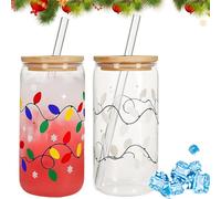 2Pieces Color Changing Christmas Cup, Colour Changing Christmas Glass Cup with Lids & Straws, Leak-Proof Reusable Glass Drink Bottle, Multipurpose Travel Coffee Cups for Iced Coffee, Latte Milk