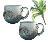 2Pieces Sea Glass Wave Cup, Oceans Theme Coffee Cup, 10 Ounce Hand-blown Wave Glass, Un-ique W-ave Texture Beach Theme Mug for Coffee, Tea, Wine, Handmade Oceans Style Drinkware for O-cean Lovers Gift