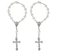 2Pieces/Set Catholic Rosary White Imitation Pearl Beads Christ for Crucifix of Our Lady of Rosary for Women Silver Men Gold Catholic Bulk Girls Silver