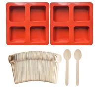 2Pieces Silicone Hot Chocolate Stirrer Moulds with 30 Wooden Spoons Reusable Square 4-Cavity Baking Molds for Hot Chocolate Stirrers Cakes Brownies Candy Jelly Chocolates Cookie DIY Crafts