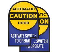 2pk Caution Automatic Door Activate Switch to Operate Stickers | Double Sided Signs for Sliding Glass Doors | Weatherproof Vinyl Safety Door Decals, 6" Diameter