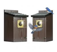 2pk Fortress Bluebird House for Outdoor Clearance - Mesh Cage Predator Guard - Metal Base & Brass Guard - Cedar Birdhouse for Bluebirds, Finches, Swallows Carbonized Outdoor 5 Years Usage 6"x7"