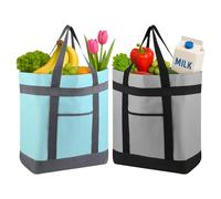 2PK Insulated Cooler Tote Bags, Soft Totes with Top Zipper and Sided Pockets for Grocery Shopping Travel Beach, Large Leak Proof Food Delivery Bag Frozen/Thermal Foods, Collapsible Personalized Design