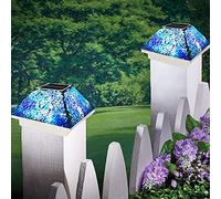2PK Mosaic Solar Post Cap Lights Outdoor for 4x4, 3.5x3.5 Post Crackled Glass Deck Fence Lamp Weatherproof LED Light Decor in Garden, Yard, Outdoor Table, Balcony, Landscape- Cyan Blue