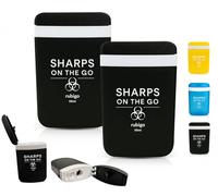 2pk Travel Sharps Bin 50ml - Small Mini Sharps Box for Needles, Lancets & Insulin Pen Tips - Compact Portable Needle Disposal Container with Secure Leakproof Lid (Black)