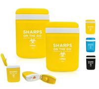 2pk Travel Sharps Bin 50ml - Small Mini Sharps Box for Needles, Lancets & Insulin Pen Tips - Compact Portable Needle Disposal Container with Secure Leakproof Lid (Yellow)