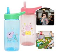 2Pk Water Bottles with Straw, 420ml Plastic Water Bottle Square Drink Bottle Pink and Blue BPA Free Straw Sipper for Kids 6+ Months (Peppa and George Pig)