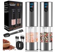 2PS Electric Salt and Pepper Grinder Set, Rechargeable Electric Salt and Pepper Mill, LCD-Display, LED Light, Adjustable Ceramic Grinders(Silver)