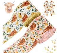 2Rolls 20 Yards Boho Floral Highland Cow Wired Edge Ribbon Animal Flowers Printed Fabric Ribbon for Gift Wrapping Wreaths Making Craft Supplies, 2.5 Inch