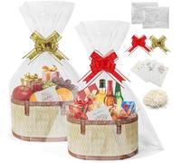 2Set Empty Hamper Basket Gift Baskets Woven Bamboo Basket with Bags, Pull Bows and Shredded Paper Gift Basket Hamper Kit for Birthday,Housewarming (Primary Colors)