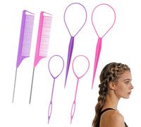 2set Topsy Tail Hair Tool, Hair Loop Pull Through Tool, Hair Styling Tools, Include 4 French Braid Loop Tools and 2 Rat Tail Comb, for Women and Girls DIY and Making Hair Style (Pink & Purple)