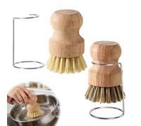 2Sets Bamboo Palm Brush with 2 Drain Racks, Bamboo Dish Pot Pan Brushes, Wooden Washing up Brush for Dish Pots Pans Kitchen Sink Cleaning for Washing Dishes, Pots, Pans & Sink