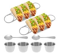 2Sets Taco Stand,Taco Holder Stands with Spoon Salad Cup,Tray Holds Up to 3 Tacos Suitable,Taco Serving Set,Rustproof Taco Rack Set,Burritos Tortilla Cooling Stand Rack for Kitchen Restaurant (Silver）