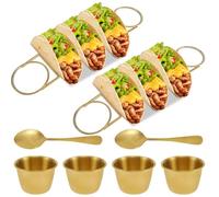 2Sets Taco Stand,Taco Holder Stands with Spoon Salad Cup,Tray Holds Up to 3 Tacos Suitable,Taco Serving Set,Rustproof Taco Rack Set,Burritos Tortilla Cooling Stand Rack for Kitchen Restaurant (Gold）