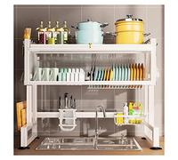 2Tier Kitchen Dish Rack Over Sink White SpaceSaving Countertop Drainer with Metal Hooks Durable for Clean Plates 65 x 30 cm Ideal for Small Kitchens