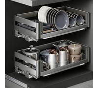 2Tier Pull Out Cabinetwith Adjustable Aluminum Alloy Guide Rail & Drainer TraySpaceSaving Kitchen Cupboard Sto Solut (Grey 640x415x125mm)