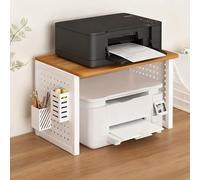 2TierDesktopPrinterStandwithPegboardSides&ExtendedShelvesHeavyDutySteel&WoodPrinterShelfforOfficeOrganizationWhite&WalnutFinish