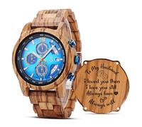 2win Engraved Wooden Watch for Men, Zebra Wood Blue Dial Chronograph Watch for Husband, Romantic Anniversary Birthday Christmas Valentine’s Day Gift from Wife, A-for-Husband