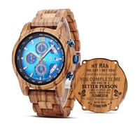 2win Engraved Wooden Watch for Men, Zebra Wood Blue Dial Chronograph Watch for Husband, Romantic Anniversary Birthday Christmas Valentine’s Day Gift from Wife, A-for-MY MAN