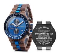 2win Engraved Wooden Watches for Men Blue Date Chronograph Military Luxury Personalized Customized Wrist Watches Anniversary Watch Gift for Husband My Man Boyfriend, A-for-Husband