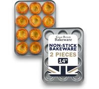 Great British Bakeware 2 Pack 14"/36cm Superior Double Coated Non-Stick 12 Cup Bun Tray, Yorkshire Pudding Tray, Muffin, Mince Pie, Fairy Cake Tin, Cupcake, UK Made, PFOA & BPA Free Cookware