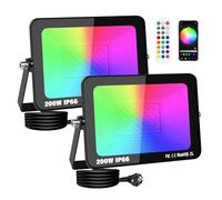 2X 200W Smart RGB LED Floodlight with Plug, APP Remote Control, Dimmable Colour Changing Flood Light for Garden Wall Courtyard Party Stage Decoration, IP66 Outdoor Work Light