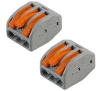 2 PACK | 3 Way 32 AMP WAGO Lever Connector | Electrical Push Snap Fit Terminal Block | Reusable Lighting Junction Choc Clamp | 0.08mm² - 4mm² Power Cables | 222-413 | 400V Max Spring Arm Wire Holder
