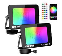 2X 30W Smart RGB LED Floodlight with Plug, APP Remote Control, Dimmable Colour Changing Flood Light for Garden Wall Courtyard Party Stage Decoration, IP66 Outdoor Work Light