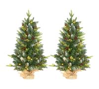 2x 3ft Burlap Base Christmas Tree Artificial - White Frosted Green with LED Lights Warm White 291 Tips