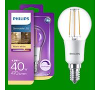 2x 4.5W (=40W) Philips Dimmable LED Filament Round Golf Light Bulb SES E14 Screw
