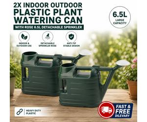 2x 6.5L Plastic Watering Can with Detachable Rose Sprinkler Indoor Outdoor Garde