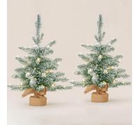 2x 60cm Artificial Green Snowy Mini Christmas Tree Set of 2 Trees with Frosted Tips - 2Ft. Indoor Table Top Green and White Snow Xmas Trees - Hessian Style Base Set of 2 (60cm) (60cm Without LEDs)