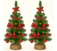 2x 60cm Artificial Mini Christmas Trees with Colour Select Lights - 2ft Indoor Battery Operated LED Green Xmas Tree - Jute Hessian Base Bag 60cm 2 Pack Trees (Red Decorations)