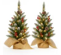 2x 60cm Artificial Mini Christmas Trees with Colour Select Lights - 2ft Indoor Battery Operated LED Green Xmas Tree - Jute Hessian Base Bag 60cm 2 Pack Trees (Pinecones & Berries)