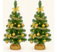 2x 60cm Artificial Mini Christmas Trees with Colour Select Lights - 2ft Indoor Battery Operated LED Green Xmas Tree - Jute Hessian Base Bag 60cm 2 Pack Trees (Gold Decorations)