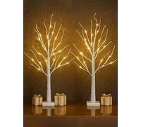 2x 60cm Artificial Mini Christmas Trees with Colour Select Lights - 2ft Indoor Battery Operated LED Green Xmas Tree - Jute Hessian Base Bag 60cm 2 Pack Trees (White Birch Twigs)