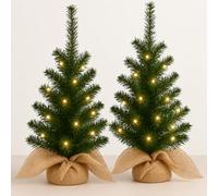 2x 60cm Artificial Mini Green Christmas Trees with Colour Select Lights - 2ft Indoor Battery Operated LED Green Xmas Tree - Jute Hessian Base Bag 60cm 2 Pack Trees
