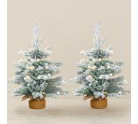 2x 60cm Colour Select Snowy Mini LED Christmas Tree Set of 2 Trees with Frosted Tips Artificial 2Ft. Indoor Table Top Green & White Snow Xmas Trees - Hessian Base