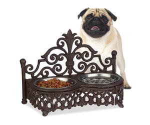 2x Antique Double Raised Dog Bowl Station, Cast Iron, Stainless Steel