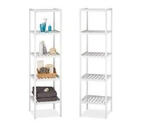 2x Bamboo Bath Rack, 5 Shelves, HxWxD: 139.5 x 34.5 x 33 cm, Tall Freestanding Shelving Unit, Wooden Shelves, White