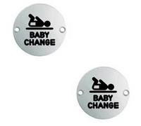 2x Bathroom Door Baby Change Sign 64mm Fixing Centres 76mm Dia Satin Steel