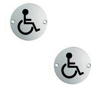 Loops 2x Bathroom Door Disabled Symbol Sign 64mm Fixing Centres 76mm Dia Steel in Metallics Loops Metallics