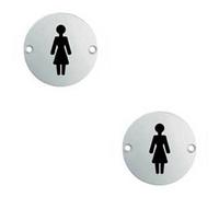 2x Bathroom Door Female Symbol Sign 64mm Fixing Centres 76mm Dia Polished Steel