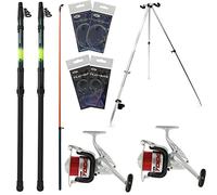 2x Beach Caster Sea Fishing Telescopic 12ft Rod & Reel Setup 20lb Red Line & Tripod | Feathers | Sea Rigs