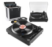 2x Belt Driven Vinyl DJ Turntables with LP Record Case, Vonyx DT3000 Deck Setup, Audio-Technica Cartridge, USB Output, Phono Preamp, Pitch Control, Dust Covers