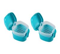 2X Blue Denture Case, Denture Cup with Strainer, Denture Bath False Teeth Storage Box with Basket Net Container Holder